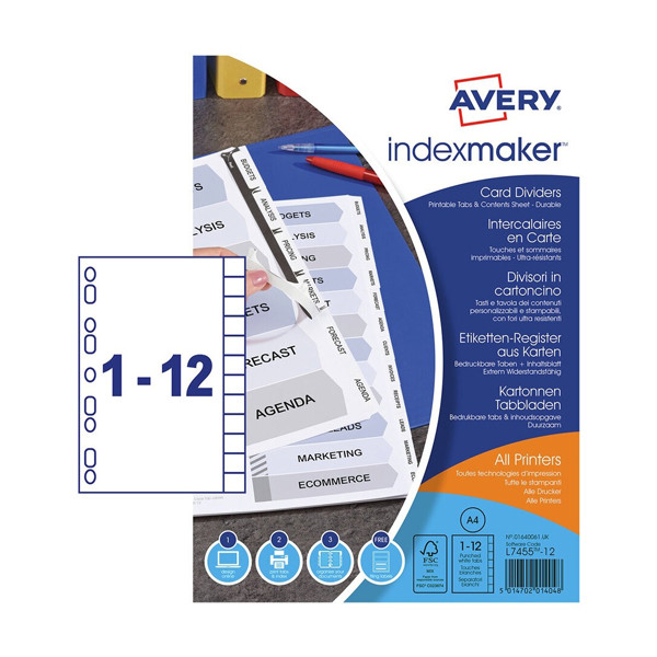 Cardboard printable tabs (12 white tabs) | A4, 9-hole | Avery IndexMaker 212824 - 1