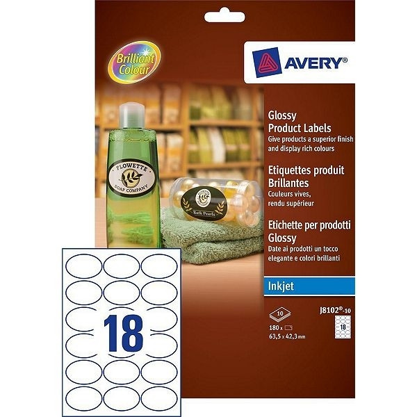 Avery J8102-10 glossy product labels oval 63.5 x 42.3 white (180 labels) J8102-10 212600 - 1