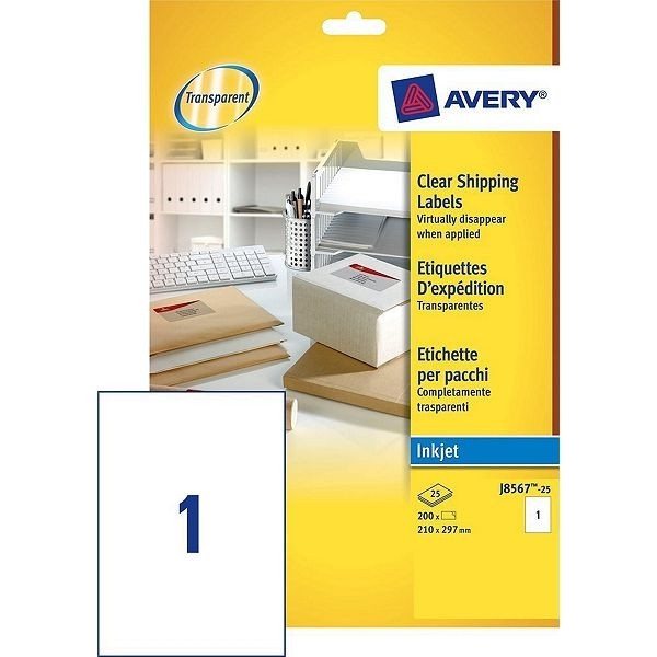 Avery J8567-25 transparent shipping labels, 210mm x 297mm (25 labels) J8567-25 212624 - 1