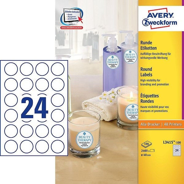 Avery L3415-100 white round promotional labels, 40 mm (2400 labels) L3415-100 212462 - 1