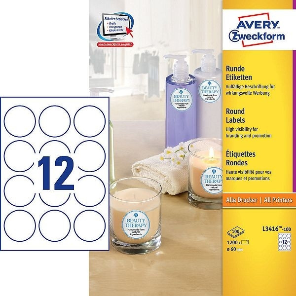 Avery L3416-100 white round promotional labels 60mm (1200 labels) L3416-100 212464 - 1
