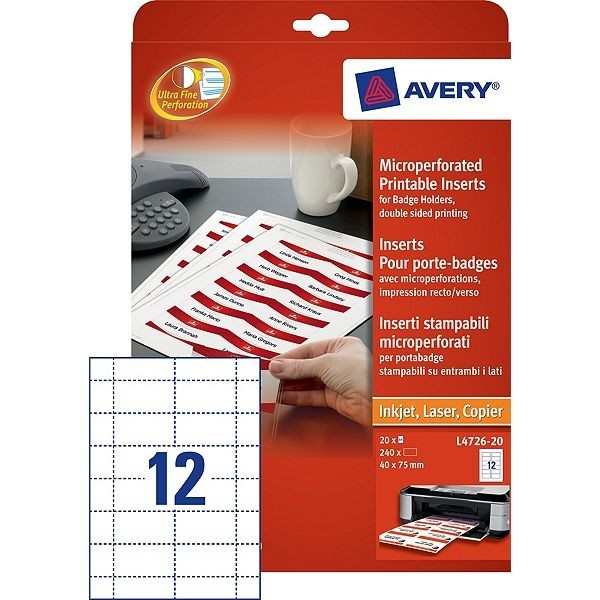 Avery L4726-20 white name badge insert cards, 40mm x 75mm  (240 labels) L4726-20 212586 - 1