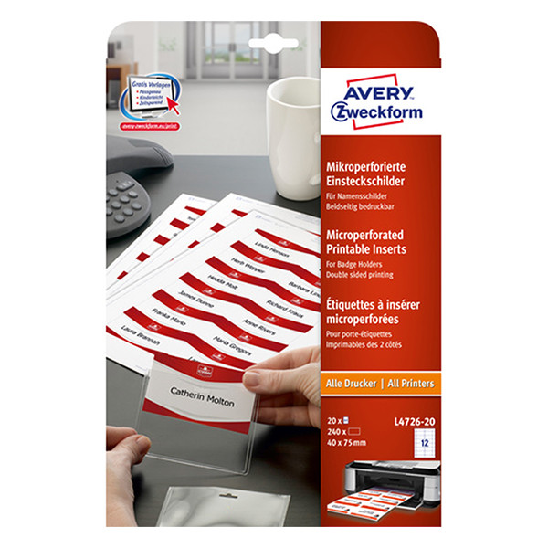 Avery L4726-20 white name badge insert cards, 40mm x 75mm  (240 labels) L4726-20 212586 - 1