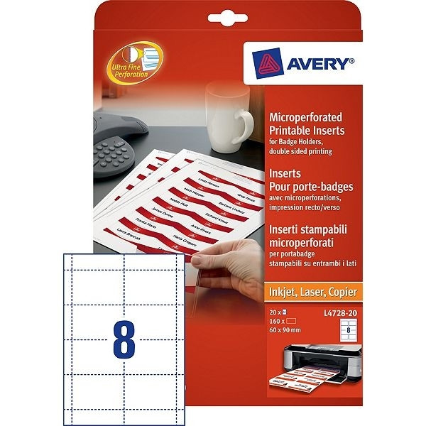Avery L4728-20 white name badge insert cards, 60mm x 90mm (160 labels) L4728-20 212590 - 1