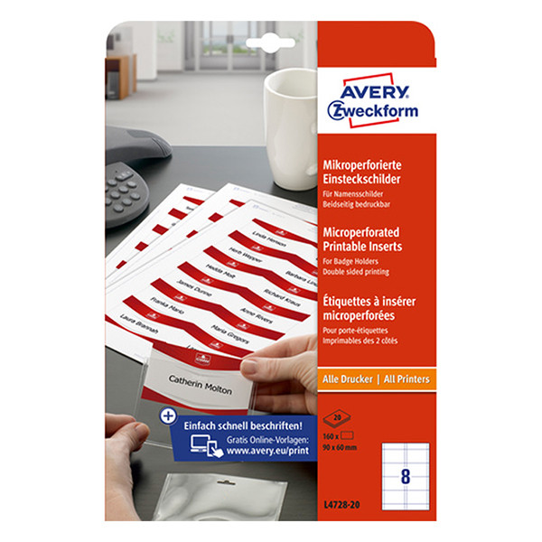 Avery L4728-20 white name badge insert cards, 60mm x 90mm (160 labels) L4728-20 212590 - 1
