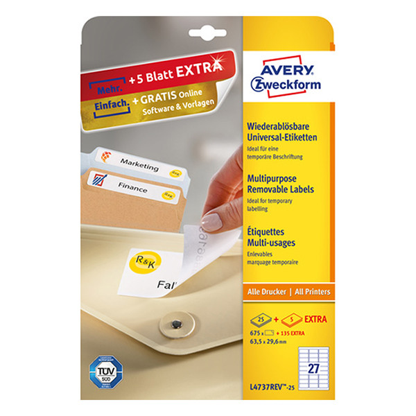 Avery L4737-25 white multi-purpose labels, 63.5mm x 29.6mm (675 labels) L4737REV-25 212582 - 1