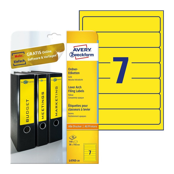 Avery L4765-20 yellow binder spine labels, 192mm x 38mm (140 labels) L4765-20 212815 - 1