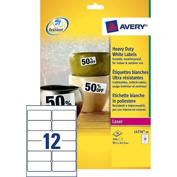 Avery L4776-20 ultra strong weatherproof labels, 99.1mm x 42.3mm (240 labels) L4776-20 212428 - 1