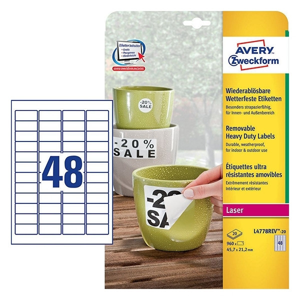 Avery L4778REV-20 removable weatherproof labels, 45.7mm x 21.2mm (960 labels) L4778REV-20 212657 - 1