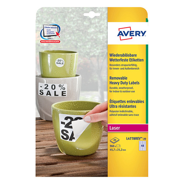Avery L4778REV-20 removable weatherproof labels, 45.7mm x 21.2mm (960 labels) L4778REV-20 212657 - 1
