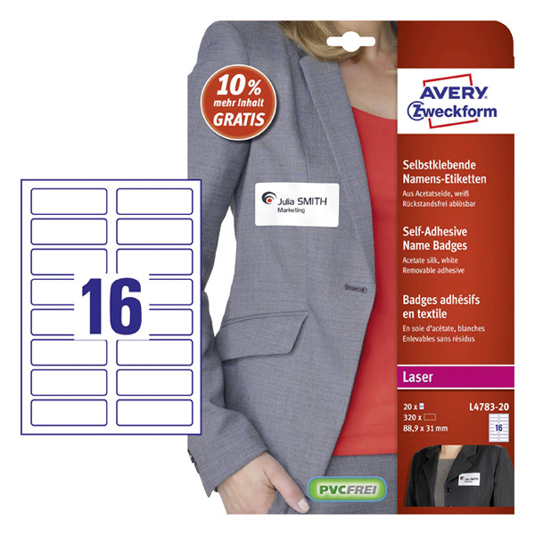 Avery L4783-20 self-adhesive name badge labels, 31mm x 88.9mm (320 labels) AV-L4783-20 212688 - 1