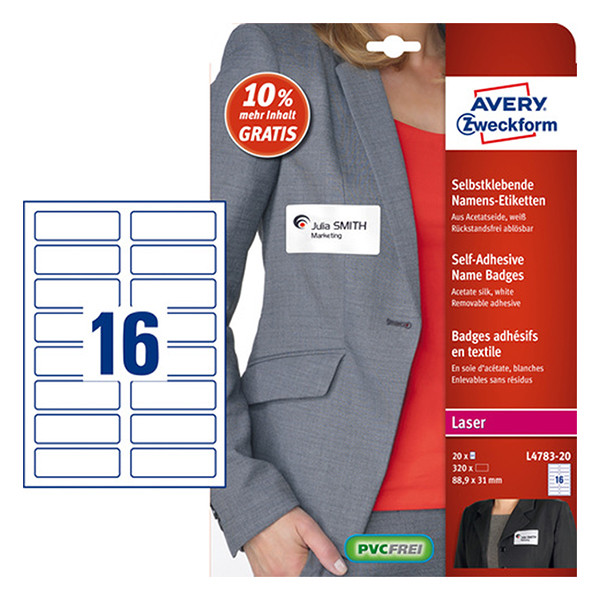 Avery L4783-20 self-adhesive name badge labels, 31mm x 88.9mm (320 labels) AV-L4783-20 212688 - 1