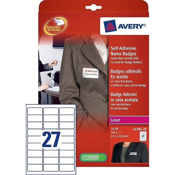 Avery L4784-20 adhesive name badge labels, 63.5 x 29.6 mm white / blue (540 labels) L4784-20 212596 - 1