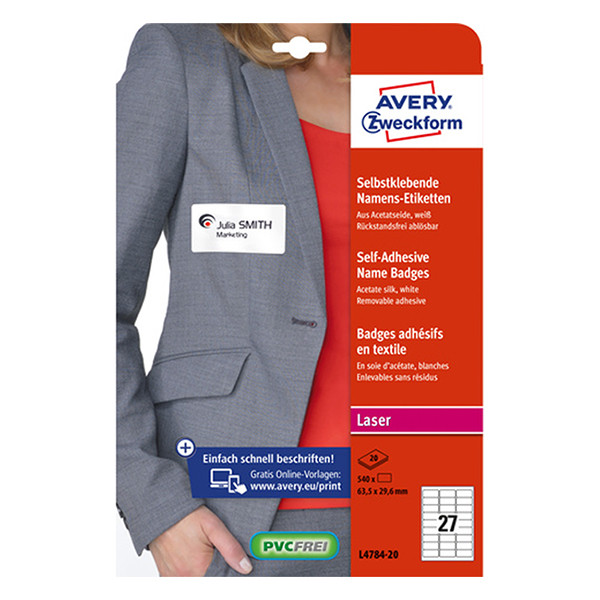 Avery L4784-20 adhesive name badge labels, 63.5 x 29.6 mm white / blue (540 labels) L4784-20 212596 - 1