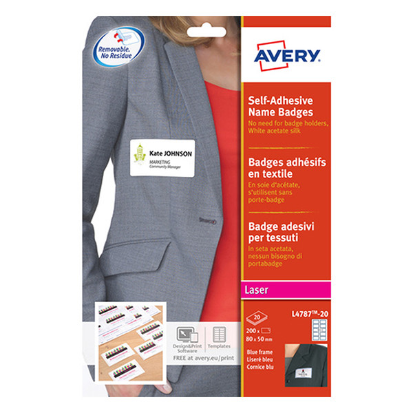 Avery L4787-20 white/blue adhesive name badge labels, 50mm x 80mm (200 labels) L4787-20 212594 - 1