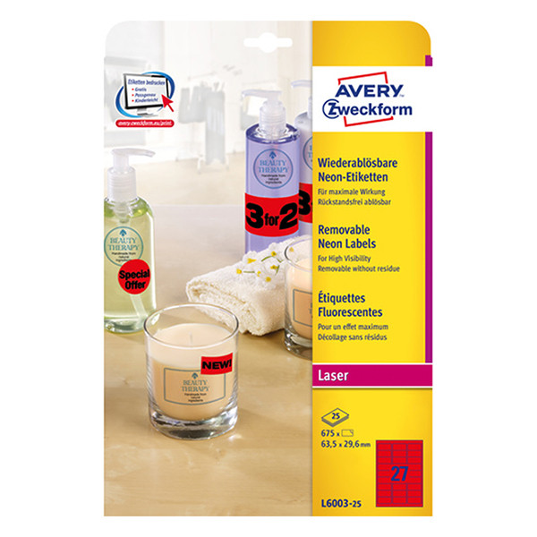 Avery L6003-25 neon red labels, 63.5mm x 29.6mm (675 labels) L6003-25 212758 - 1
