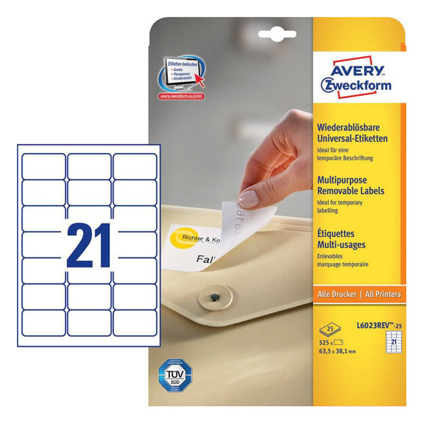 Avery L6023REV-25 removable universal labels, 63.5mm x 38.1mm (525 labels) L6023REV-25 212805 - 1