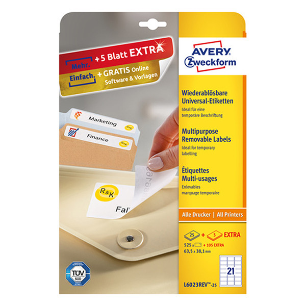 Avery L6023REV-25 removable universal labels, 63.5mm x 38.1mm (525 labels) L6023REV-25 212805 - 1
