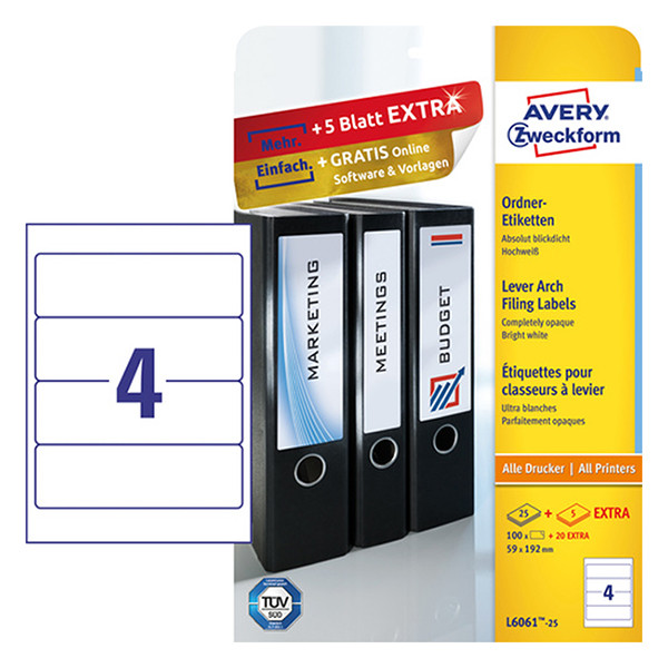 Avery L6061-25 white binder spine labels, 192mm x 59mm (100 labels) L6061-25 212136 - 1