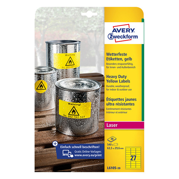Avery L6105-20 yellow weatherproof labels, 63.5mm x 29.6mm (540 labels) L6105-20 212699 - 1
