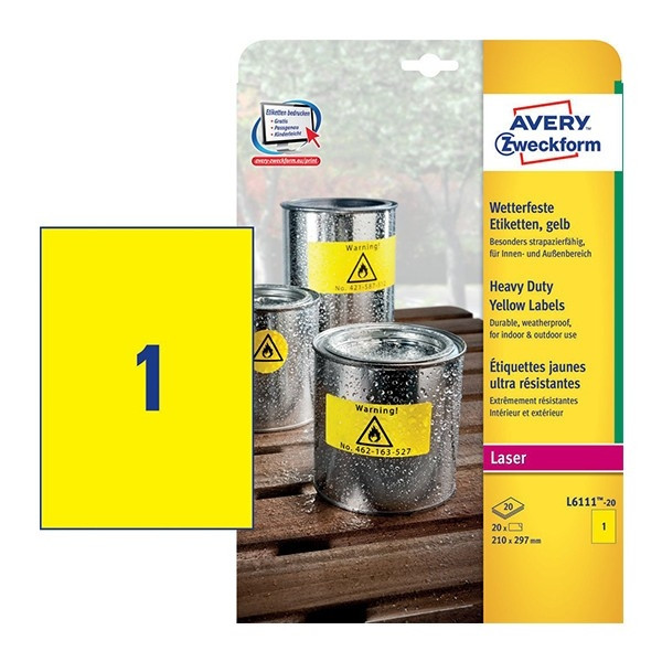 Avery L6111-20 yellow weatherproof labels, 210mm x 297mm (20 labels) L6111-20 212701 - 1