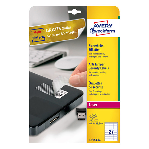 Avery L6114-20 anti-fraud labels, 63.5mm x 29.6mm (540 labels) 212745 - 1