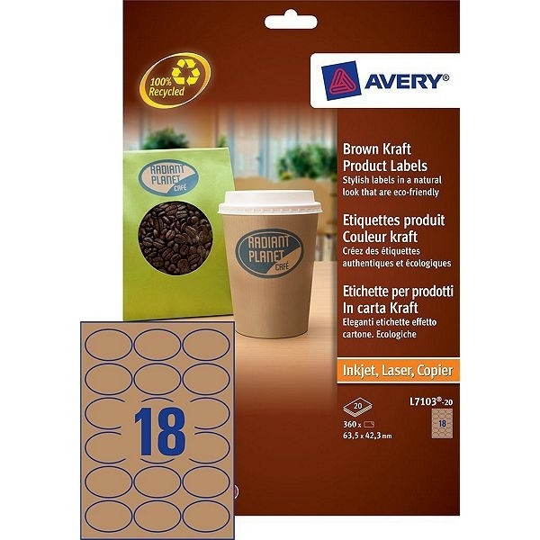Avery L7103-20 oval brown cardboard product labels, 63.5mm x 42.3mm (360 labels) L7103-20 212602 - 1