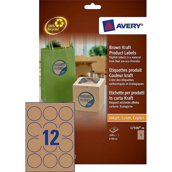 Avery L7106-20 round brown cardboard product labels, Ø 60mm (240 labels) L7106-20 212610 - 1