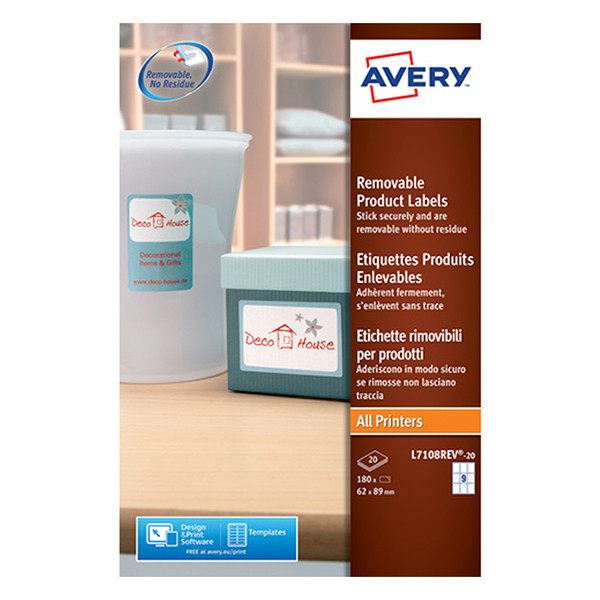 Avery L7108REV-20 removable rectangular product labels 62mm x 89mm (180 labels) L7108REV-20 212616 - 1