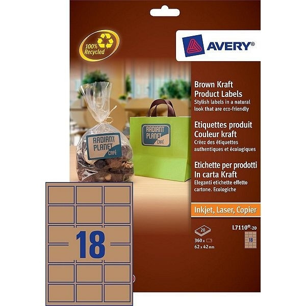 Avery L7110-20 cardboard-coloured rectangular product labels, 62mm x 42mm (360 lables) L7110-20 212618 - 1