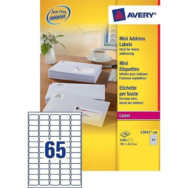 Avery L7651-100 quickpeel mini address labels 38.1 x 21.2 mm (6500 labels) L7651-100 212100 - 1