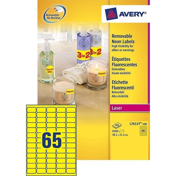 Avery L7651Y-100 removable product labels, 38.1mm x 21.2mm (6500 labels) L7651Y-100 212649 - 1