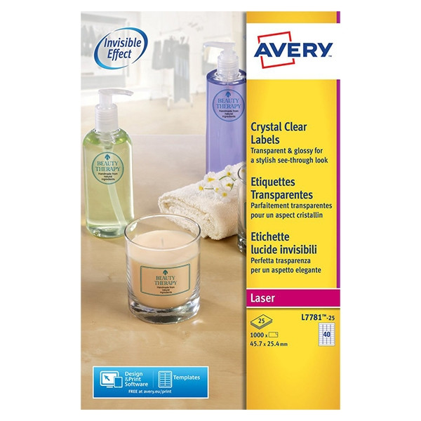 Avery L7781-25 crystal clear labels, 45.7mm x 25.4mm (1000 labels) L7781-25 212696 - 1