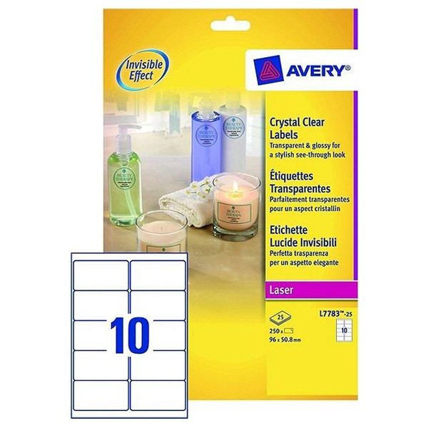 Avery L7783-25 crystal clear labels, 96mm x 50.8mm (250 labels) L7783-25 212675 - 1
