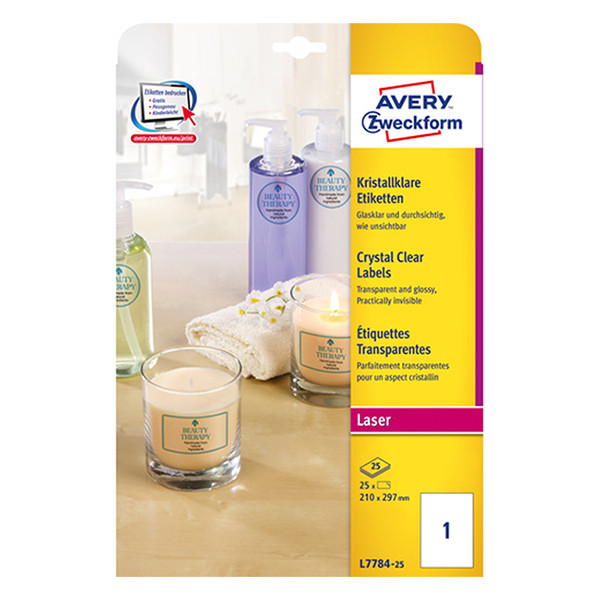 Avery L7784-25 A4 crystal clear labels, 210mm x 297mm (25 labels) L7784-25 212692 - 1