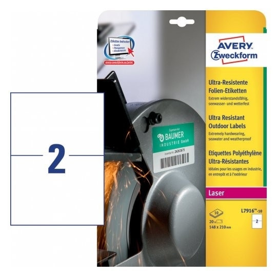 Avery L7916-10 white ultra-resistant labels, 210mm x 148mm (20 labels) L7916-10 212738 - 1