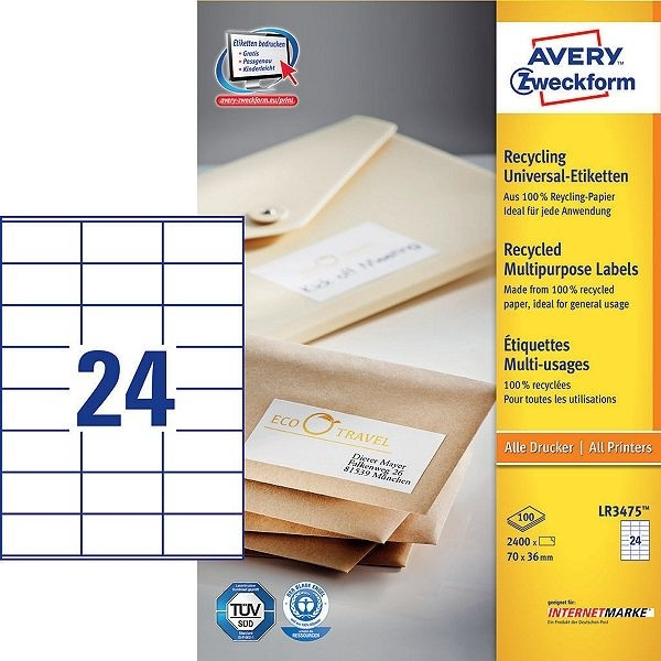 Avery LR3475 recycled universal labels 70 x 36 mm (2400 labels) LR3475 212056 - 1