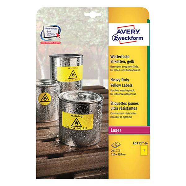 Label weatherproof sticker sheets 210mm x 297mm | yellow | Avery L6111-20 | 20 labels 212701 - 1