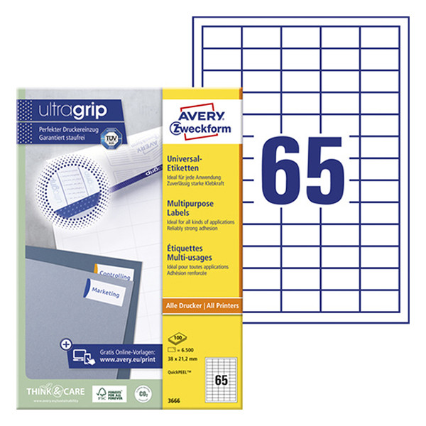 Multi-purpose labels (38 x 21.2mm) | Avery 3666 | 6,500 labels 212022 - 1