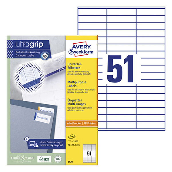 Multi-purpose labels (70 x 16.9mm) | Avery 3420 | 5,100 labels 212034 - 1