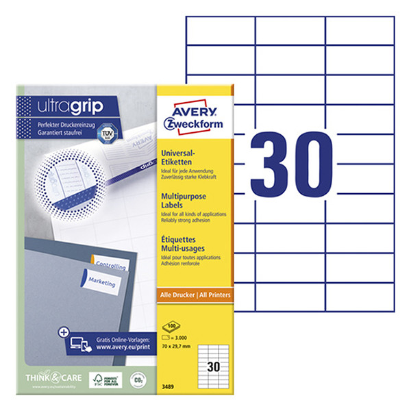 Multi-purpose labels (70 x 29.7mm) | Avery 3489 | 3,000 labels 212480 - 1