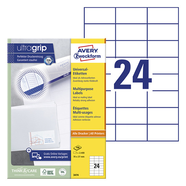 Multi-purpose labels (70 x 37mm) | Avery 3474 | 2,400 labels 212042 - 1