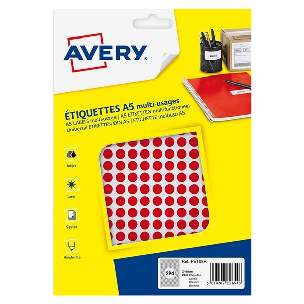 Avery PET08R red marking dots, Ø 8mm (2,940 labels) AV-PET08R 212706 - 1