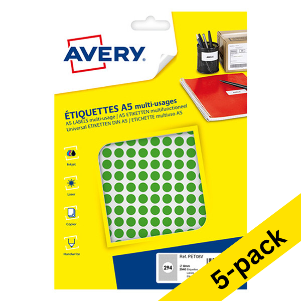 Avery PET08V green marking dots, Ø 8mm (2,940 labels) (5-pack) 212926 - 1
