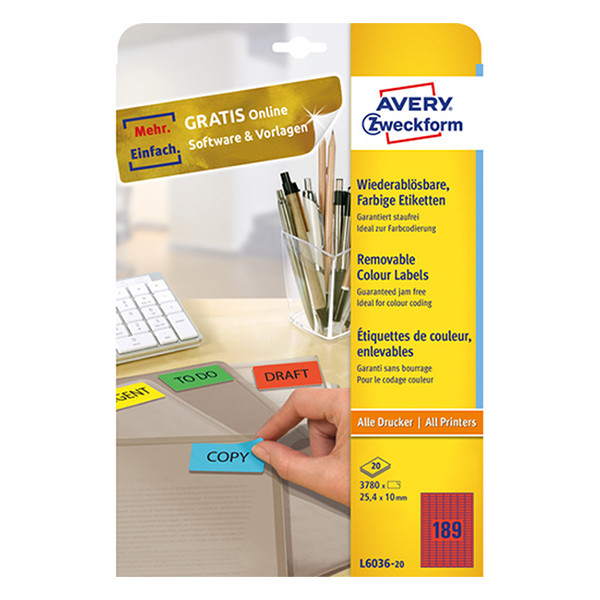 Removable labels (25.4 x 10mm, red) | Avery  L6036-20 | 3,780 labels 212769 - 1