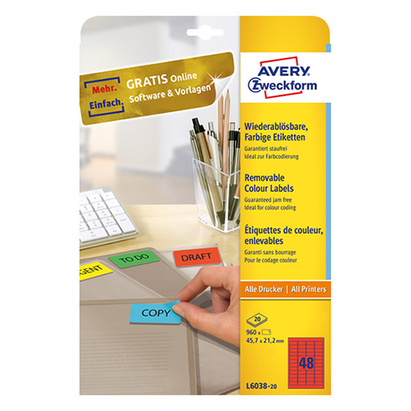 Removable labels (45.7 x 21.2mm, red) | Avery L6038-20  | 960 labels 212760 - 1