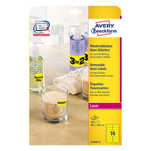 Removable labels (99.1 x 38.1mm, yellow) | Avery L7263Y-25 | 350 labels 212752 - 1