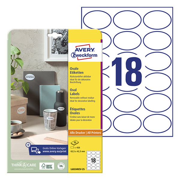 Removable oval labels (63.5 x 42.3mm) | Avery L6024REV | 450 labels 212468 - 1