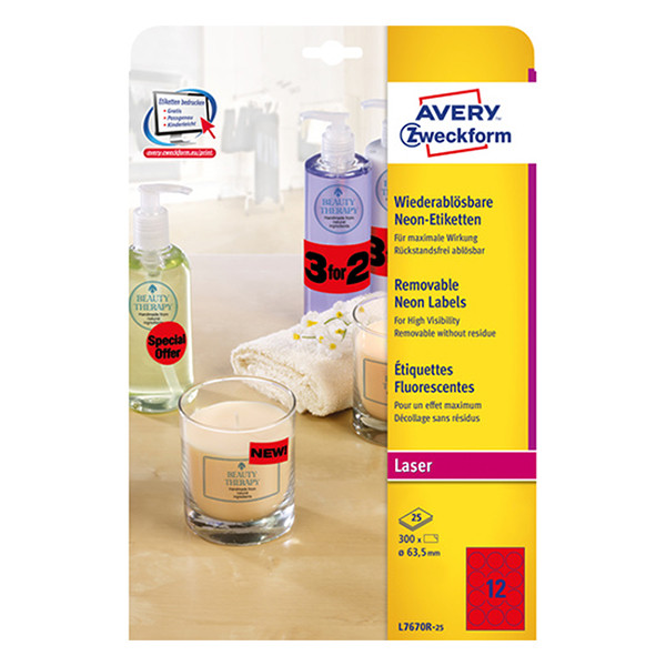 Removable round labels (Ø 63.5mm, red) | Avery L7670R-25 | 300 labels 212750 - 1