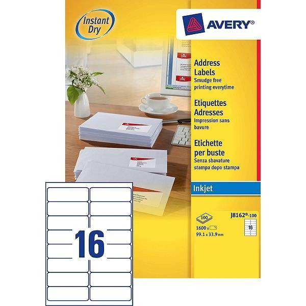 Avery address labels J8162-100 99.1 x 33.9 mm (1600 labels) J8162-100 212296 - 1